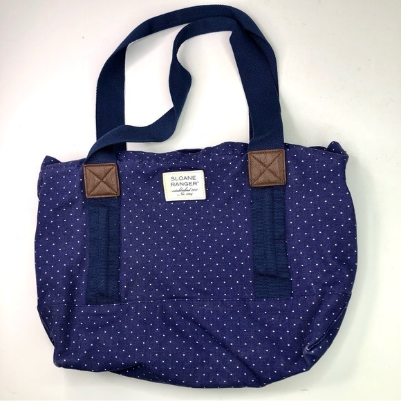Sloan Ranger Number 1104 canvas zippered tote bag navy blue white polka dots - Picture 1 of 11
